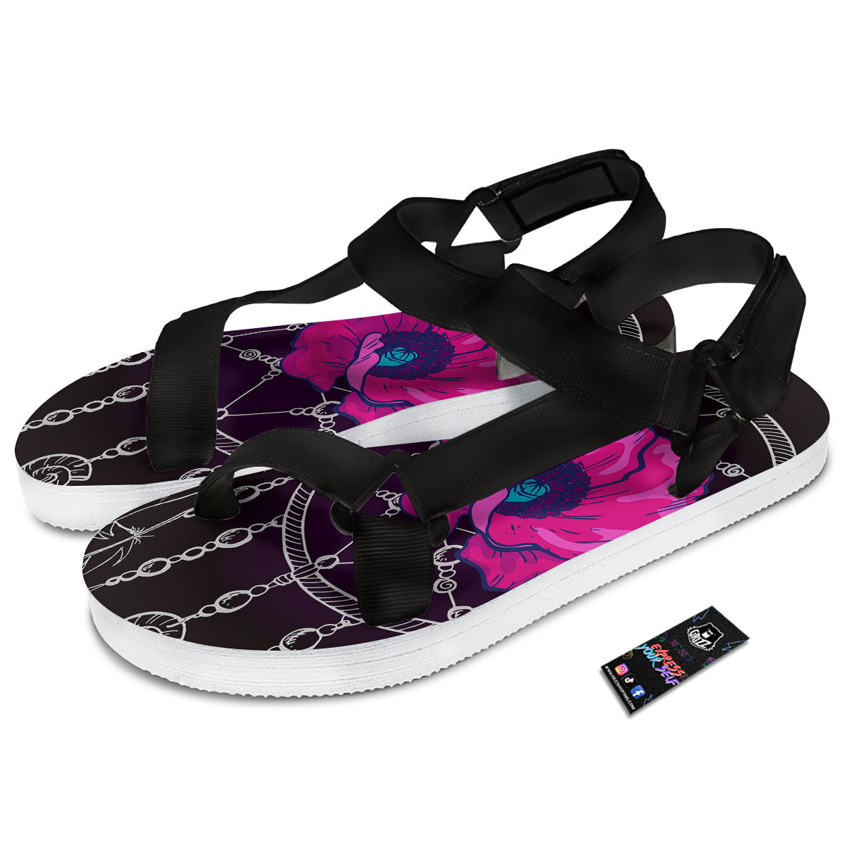 Dream Catcher Flower Bohemian Print Black Open Toe Sandals-grizzshop