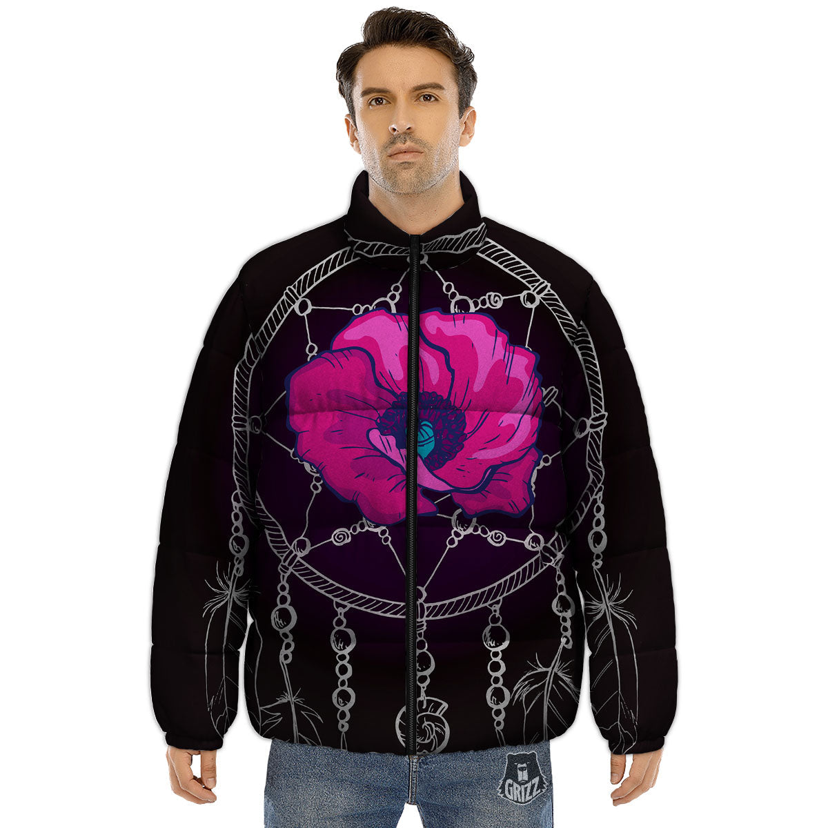 Dream Catcher Flower Bohemian Print Puffer Jacket-grizzshop