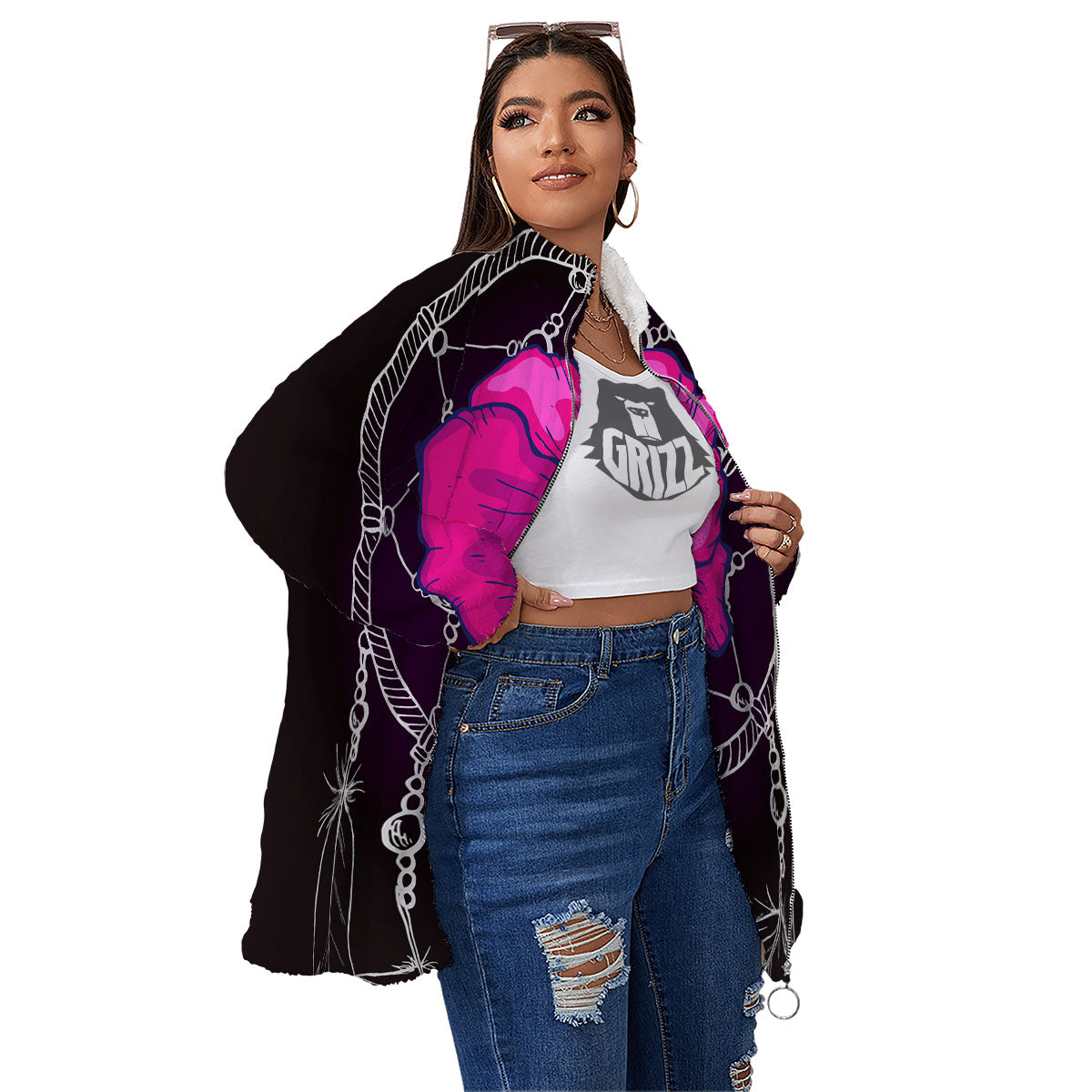 Dream Catcher Flower Bohemian Print Women's Sherpa Jacket-grizzshop