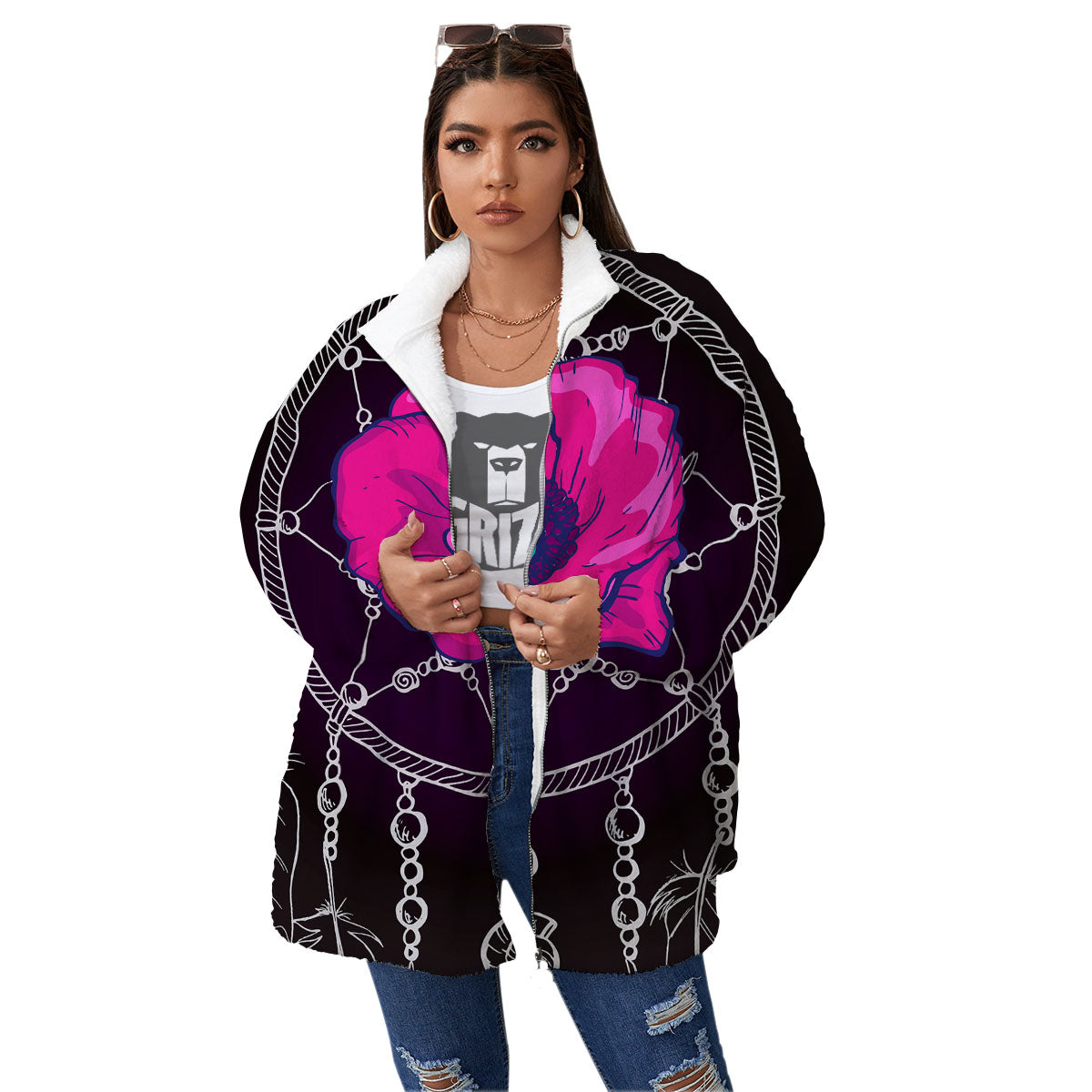 Dream Catcher Flower Bohemian Print Women's Sherpa Jacket-grizzshop