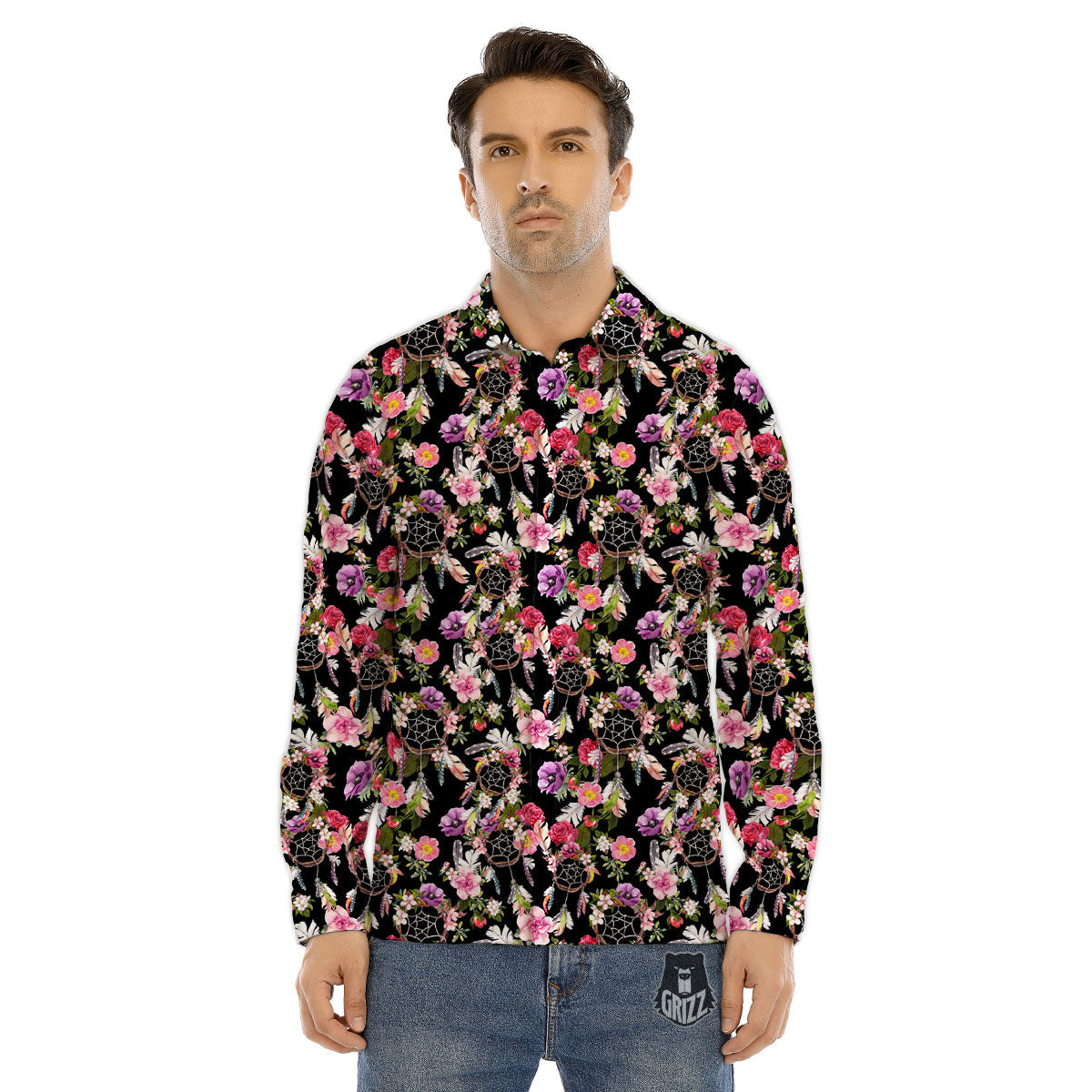 Dream Catcher Flower Print Pattern Men's Dress Shirts-grizzshop