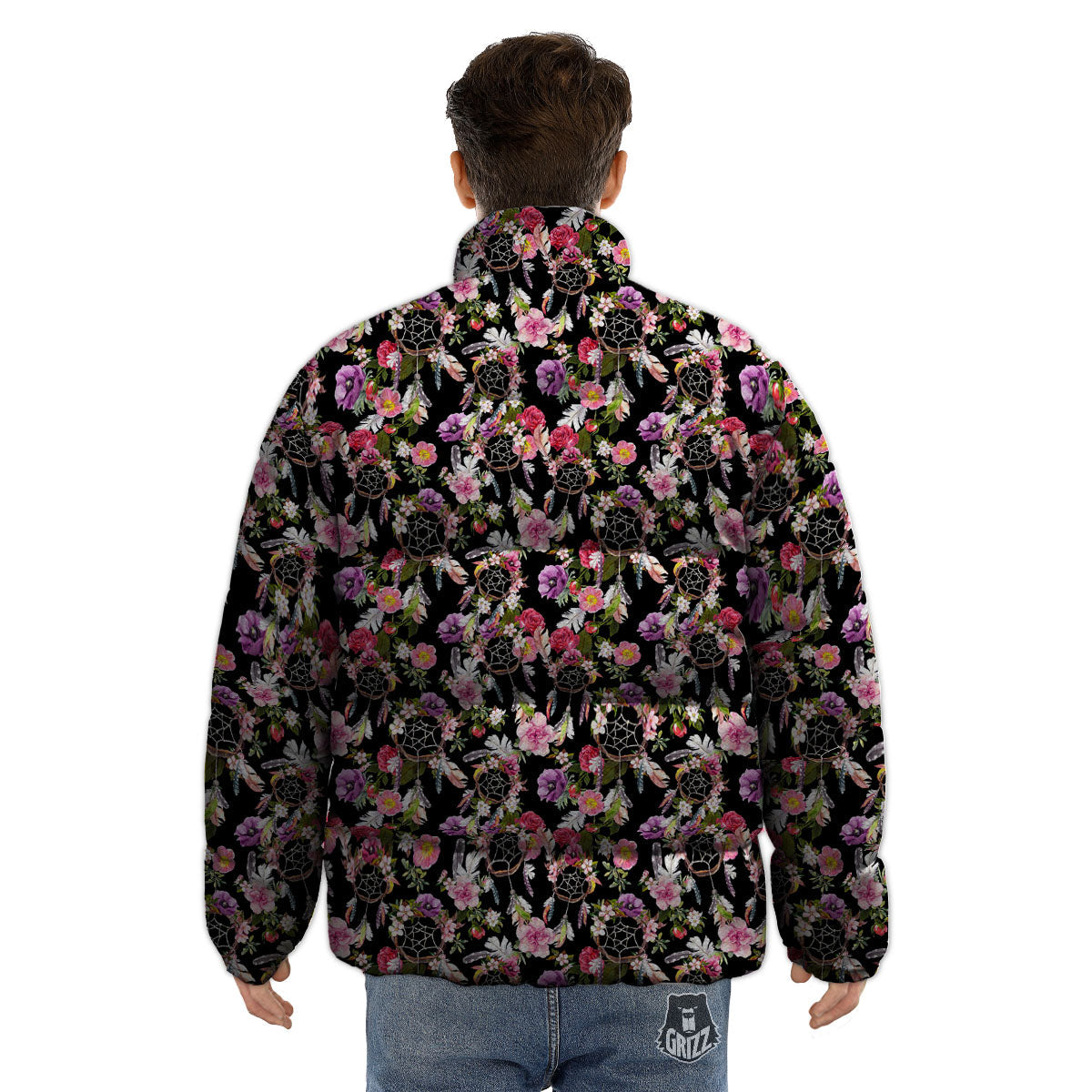 Dream Catcher Flower Print Pattern Puffer Jacket-grizzshop
