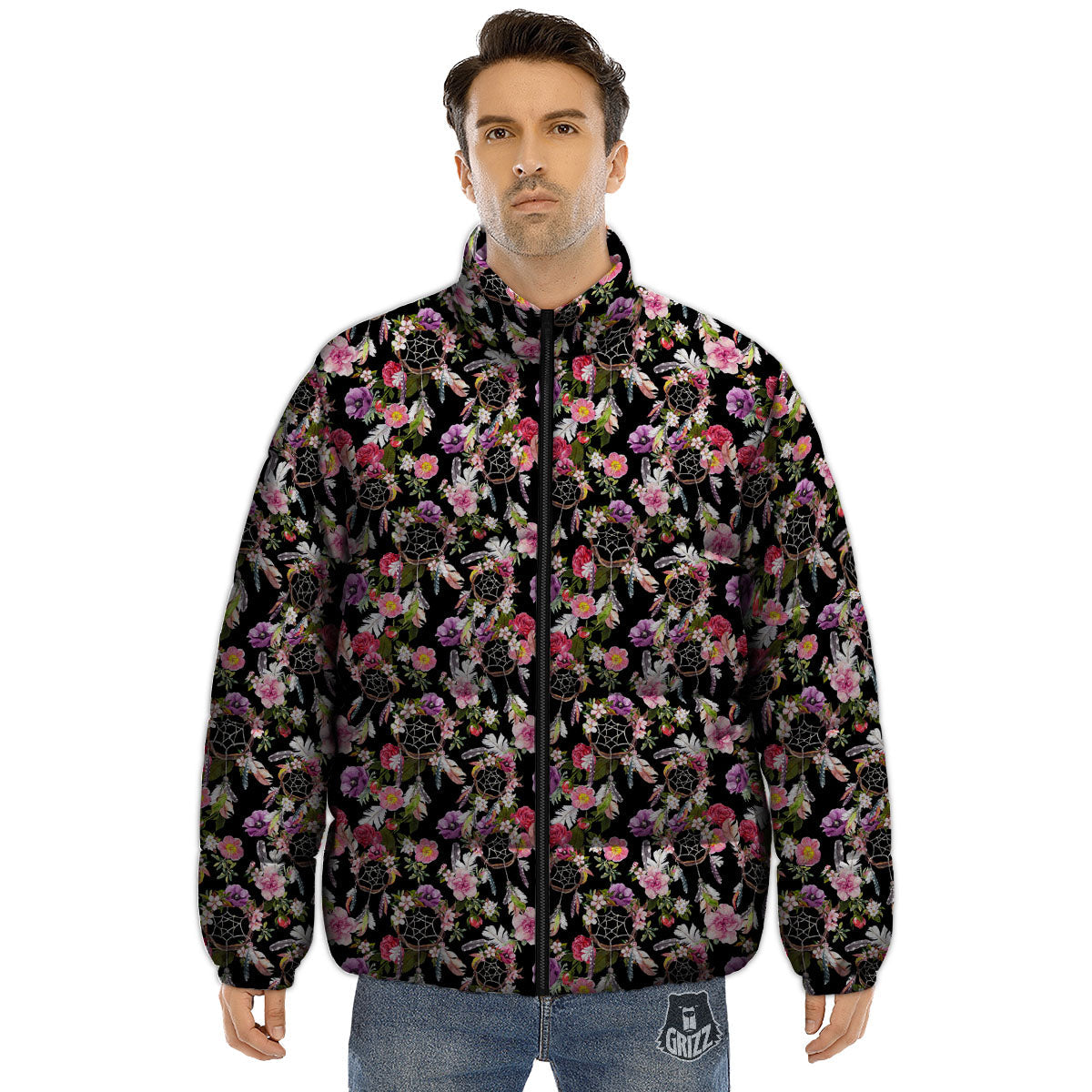 Dream Catcher Flower Print Pattern Puffer Jacket-grizzshop