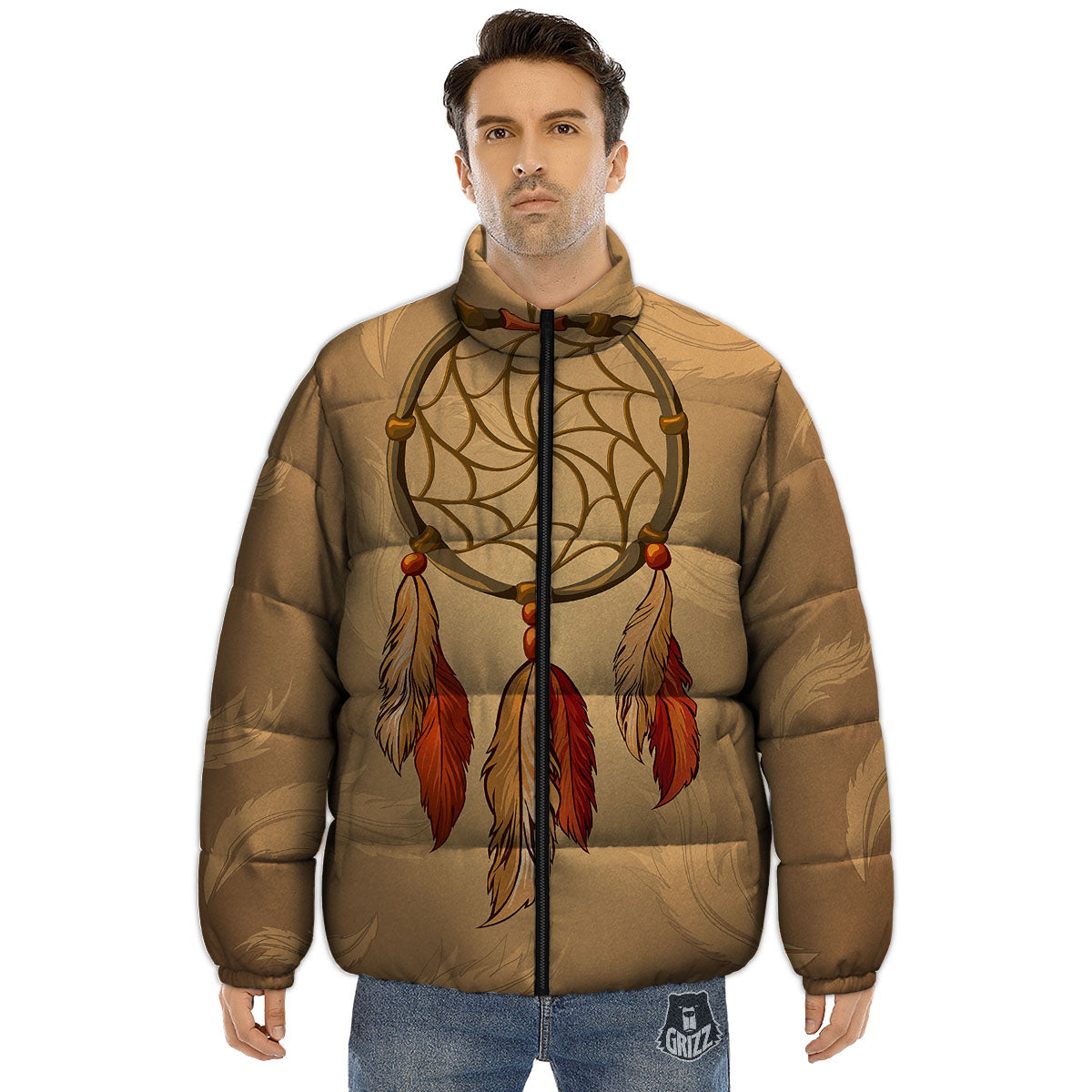 Dream Catcher Native American Print Puffer Jacket-grizzshop
