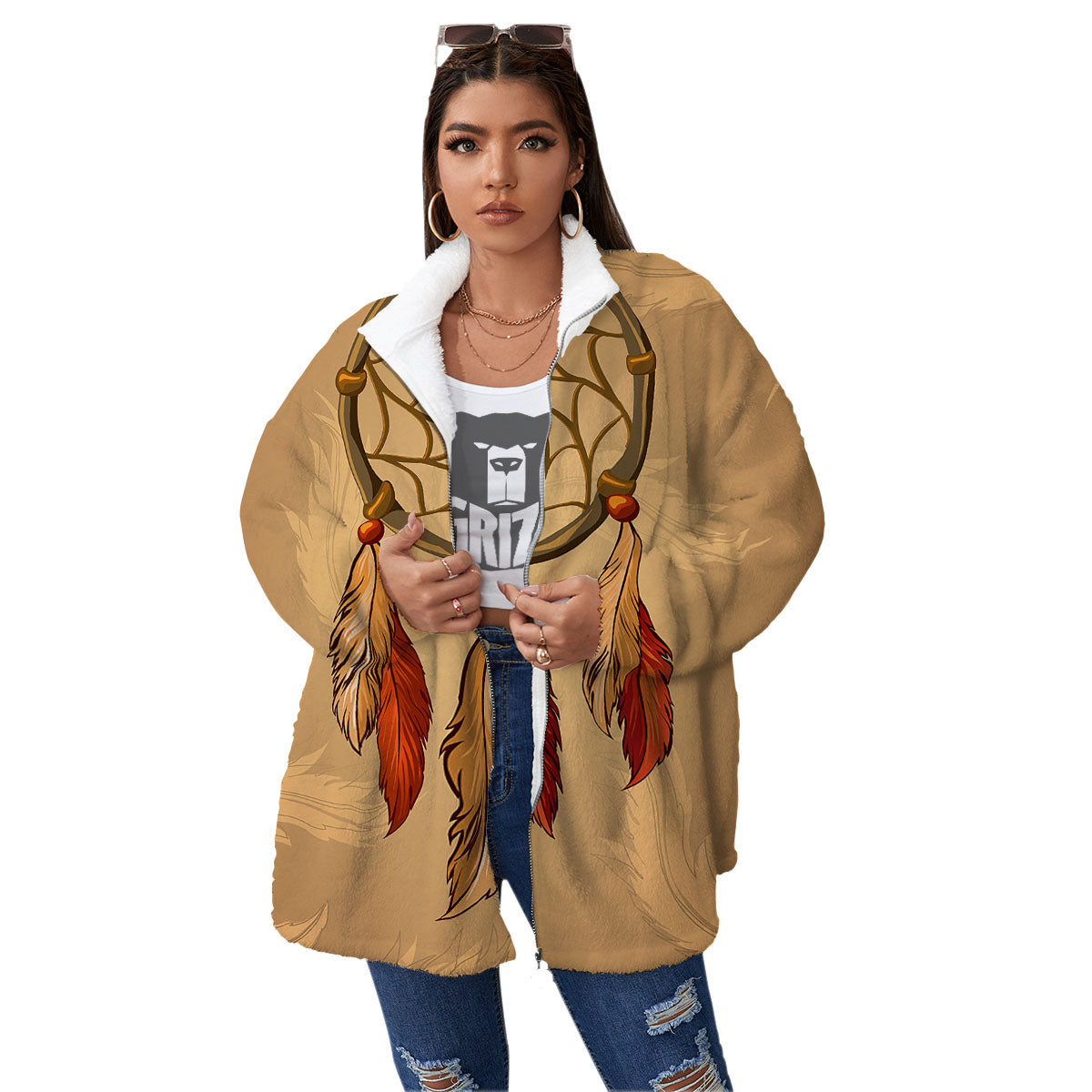 Dream Catcher Native American Print Women's Sherpa Jacket-grizzshop
