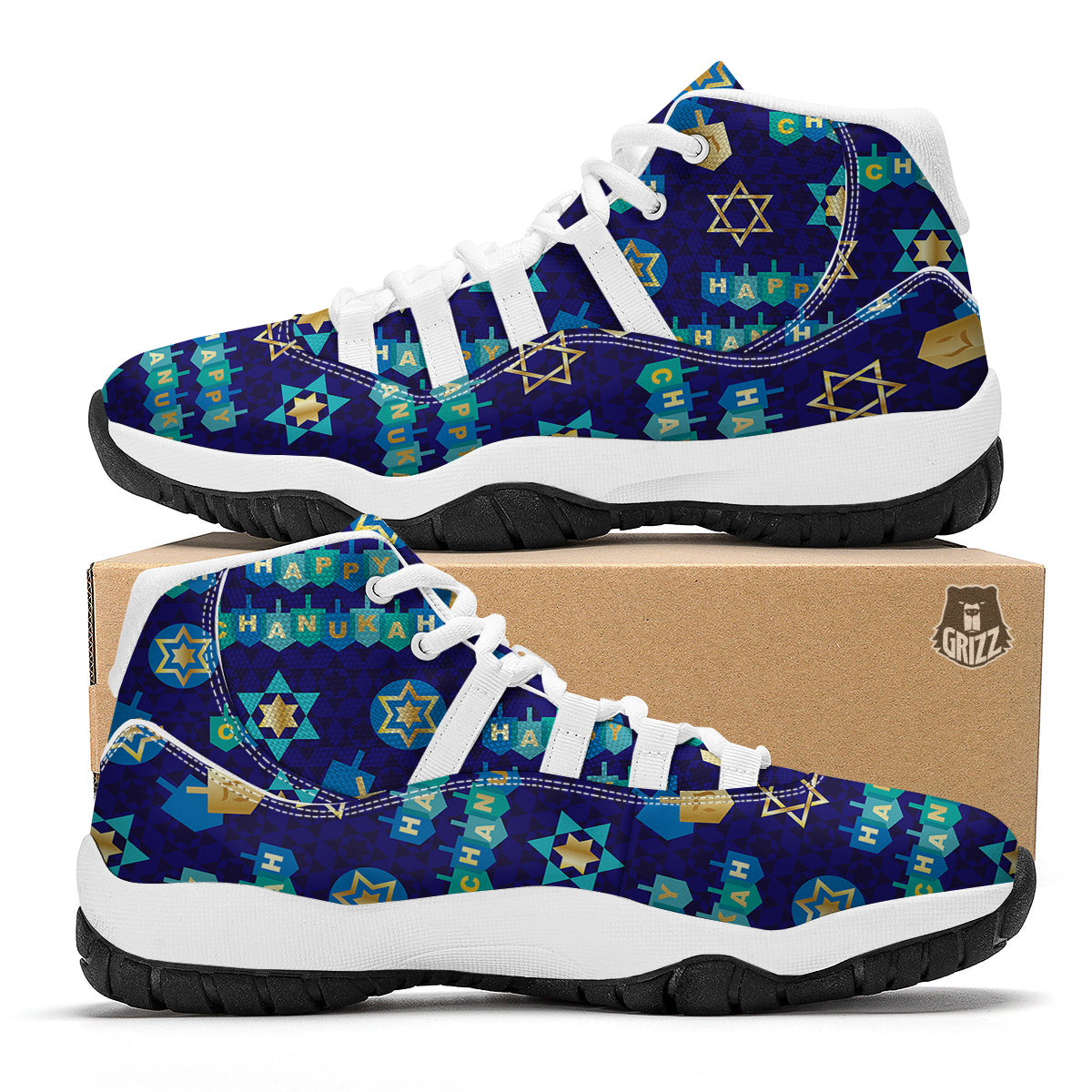 Dreidel Print Pattern White Bball Shoes-grizzshop