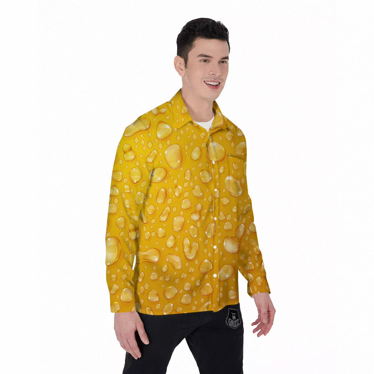 Drops Water On Beer Glass Print Men's Long Sleeve Shirts-grizzshop