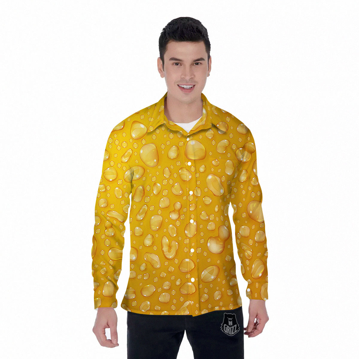 Drops Water On Beer Glass Print Men's Long Sleeve Shirts-grizzshop