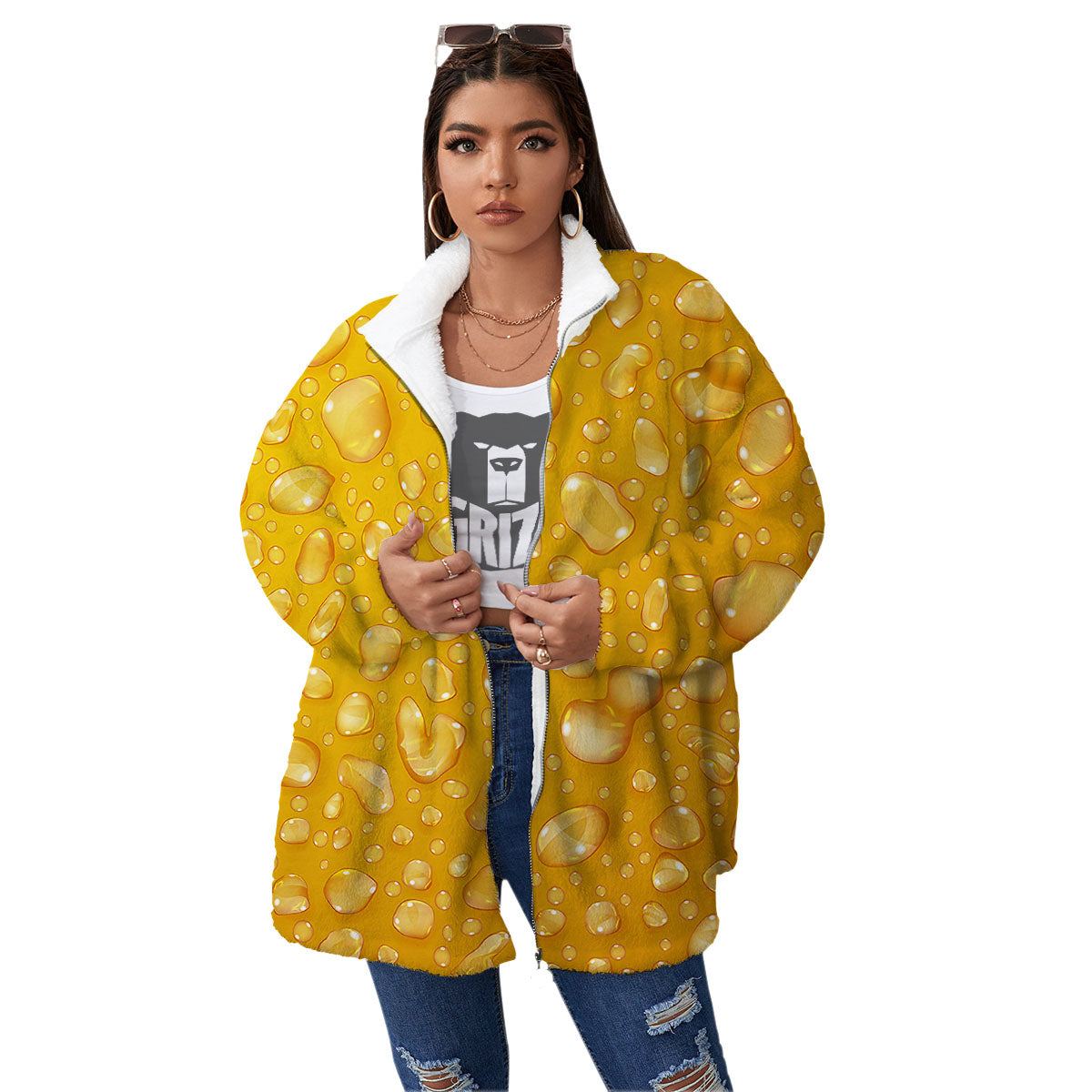 Drops Water On Beer Glass Print Women's Sherpa Jacket-grizzshop