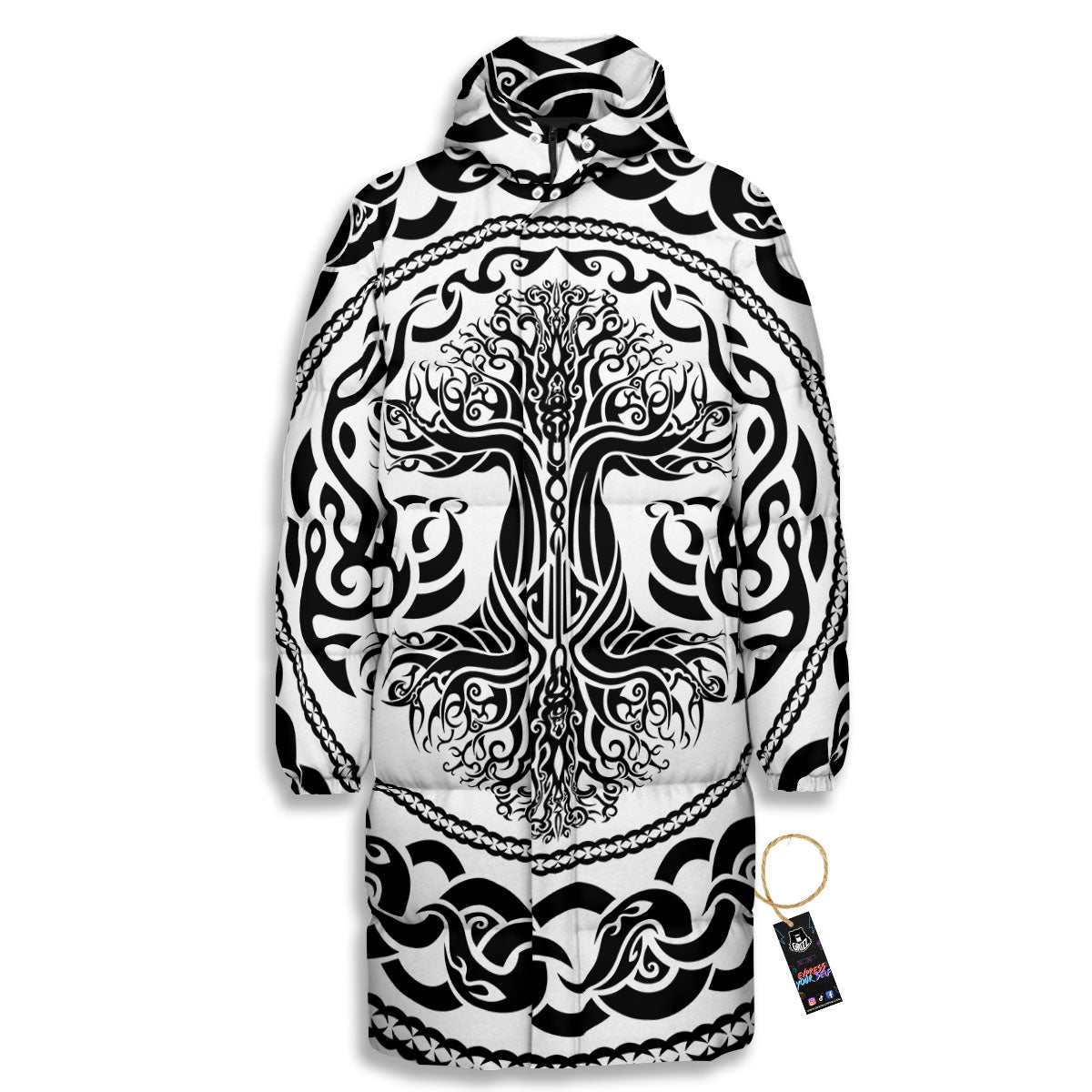 Druidic Yggdrasil Tree Print Long Down Jacket-grizzshop