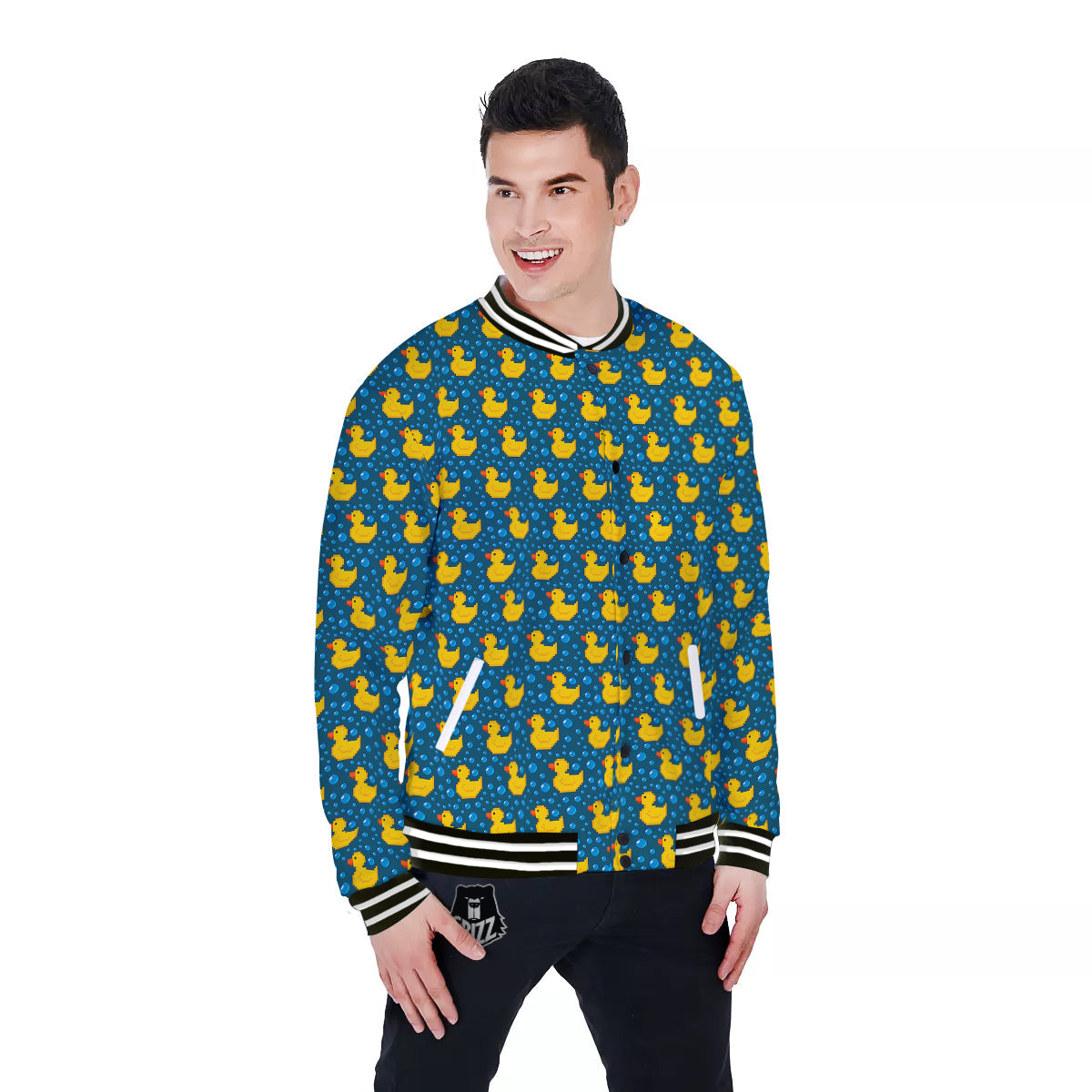 Duck 8-Bit Rubber Print Pattern Baseball Jacket-grizzshop