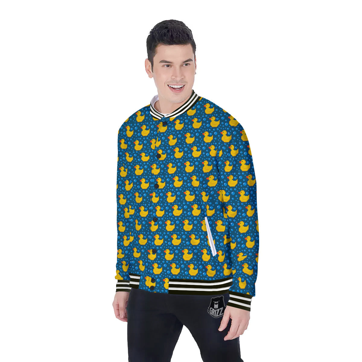 Duck 8-Bit Rubber Print Pattern Baseball Jacket-grizzshop