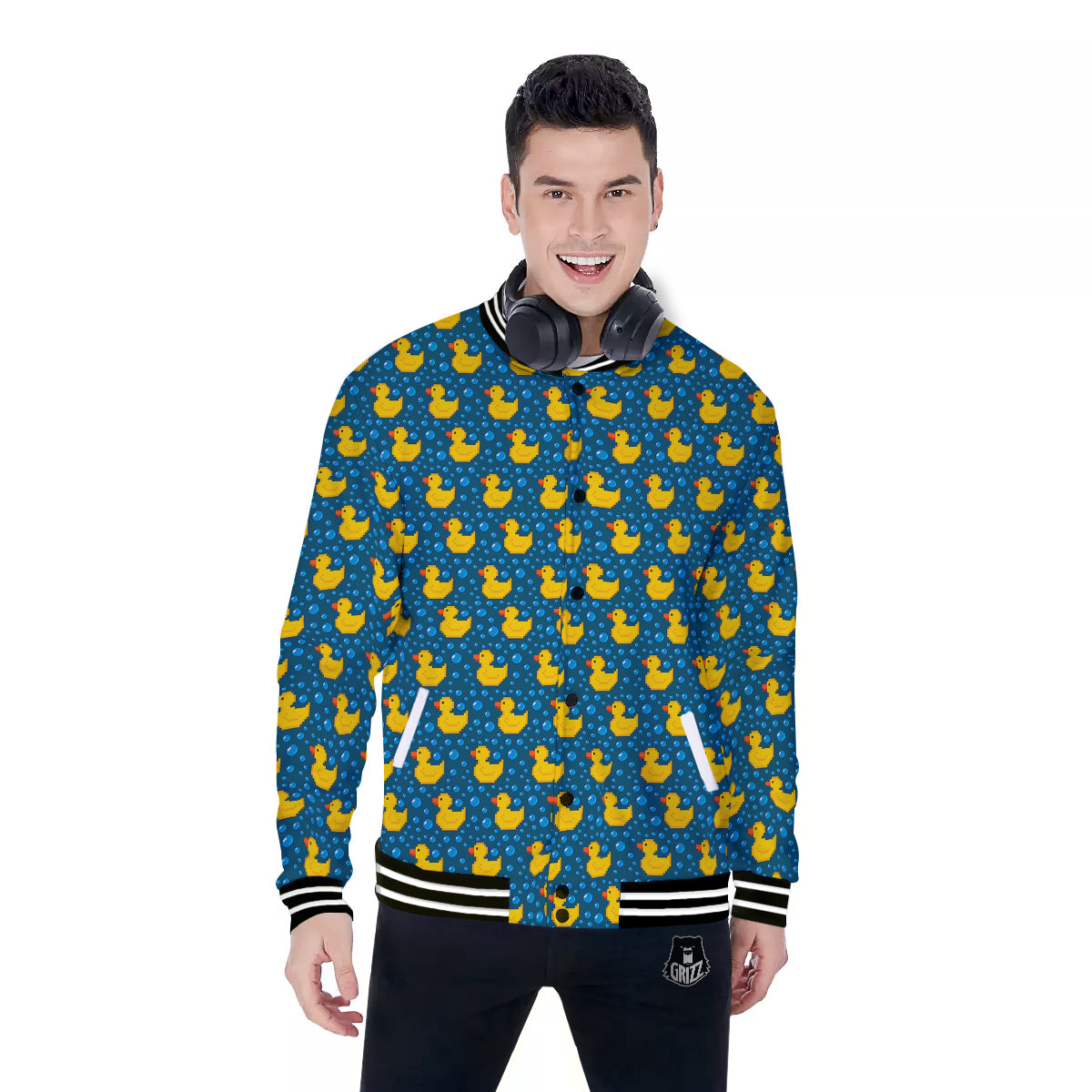 Duck 8-Bit Rubber Print Pattern Baseball Jacket-grizzshop