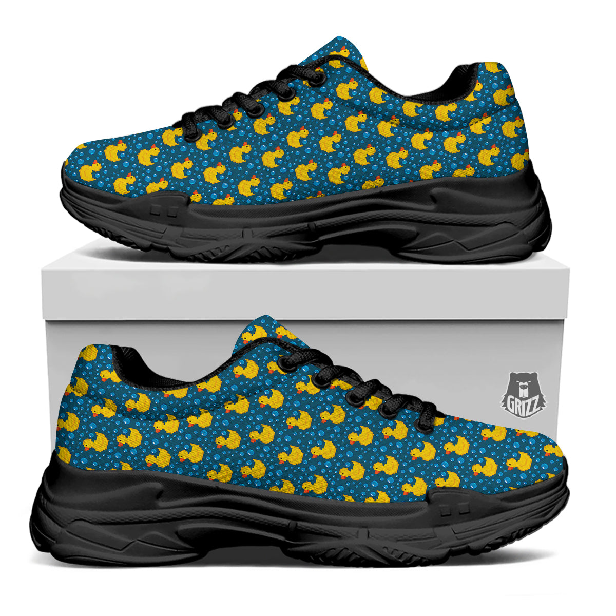 Duck 8-Bit Rubber Print Pattern Black Chunky Shoes-grizzshop