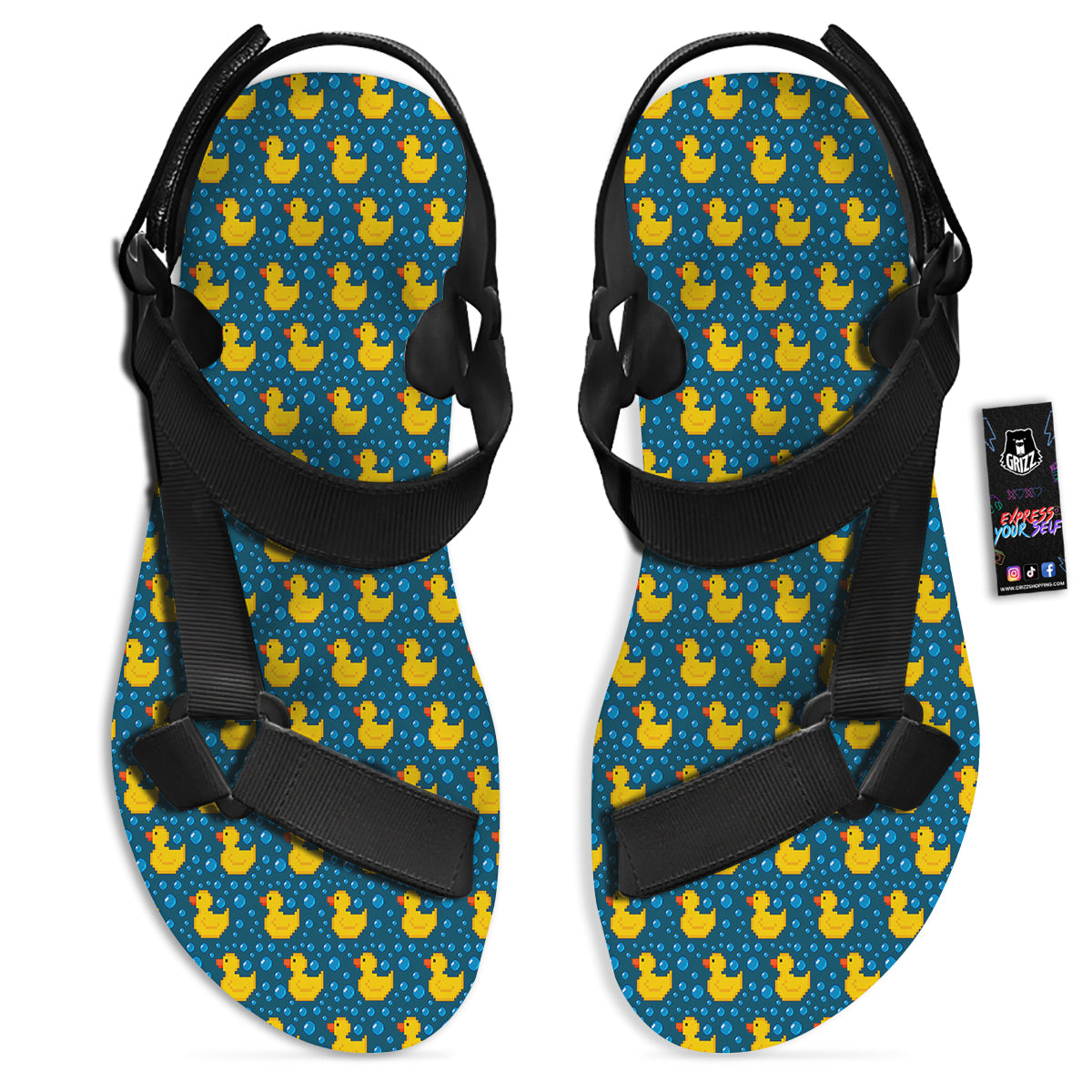 Duck 8-Bit Rubber Print Pattern Black Open Toe Sandals-grizzshop