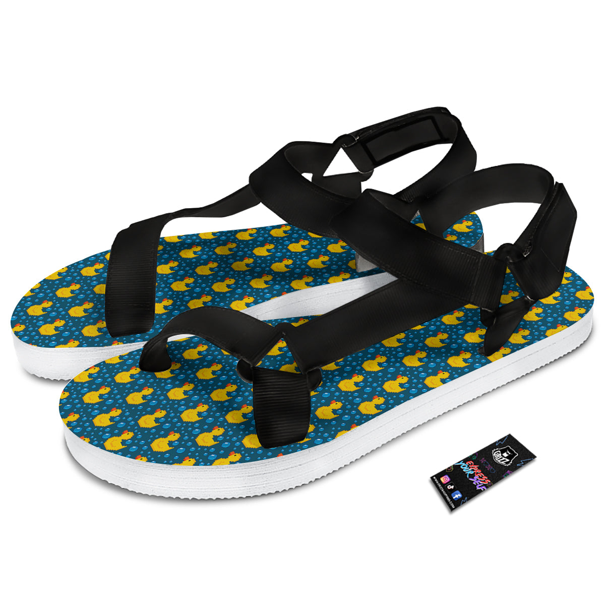 Duck 8-Bit Rubber Print Pattern Black Open Toe Sandals-grizzshop