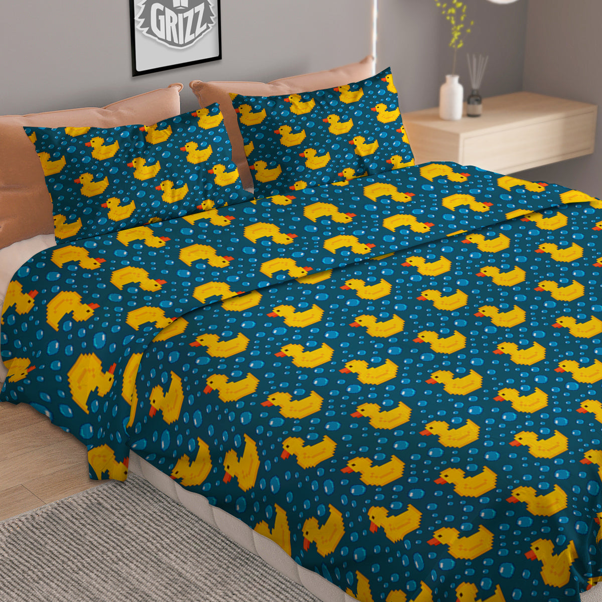 Duck 8-Bit Rubber Print Pattern Duvet Cover Bedding Set