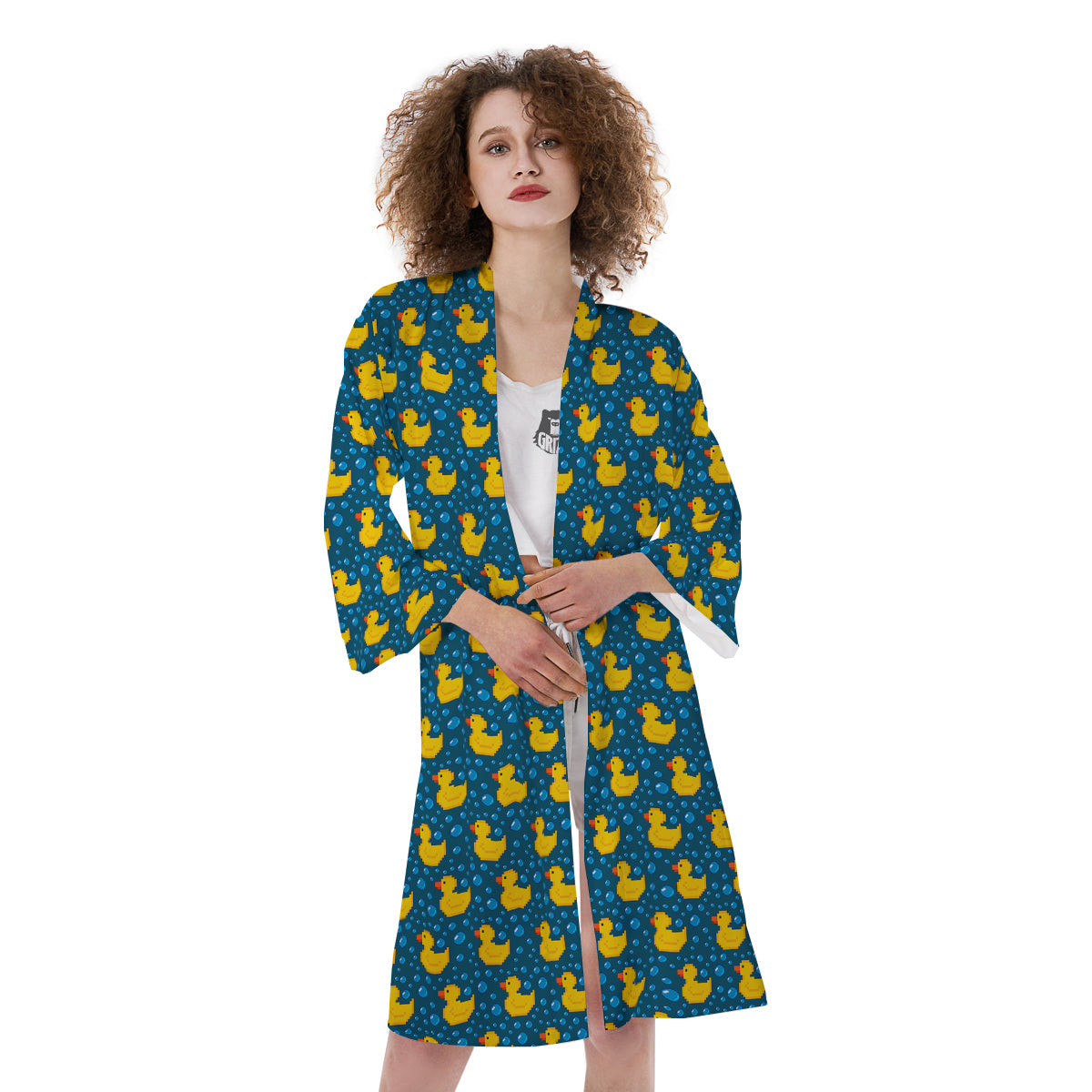 Duck 8-Bit Rubber Print Pattern Kimono-grizzshop