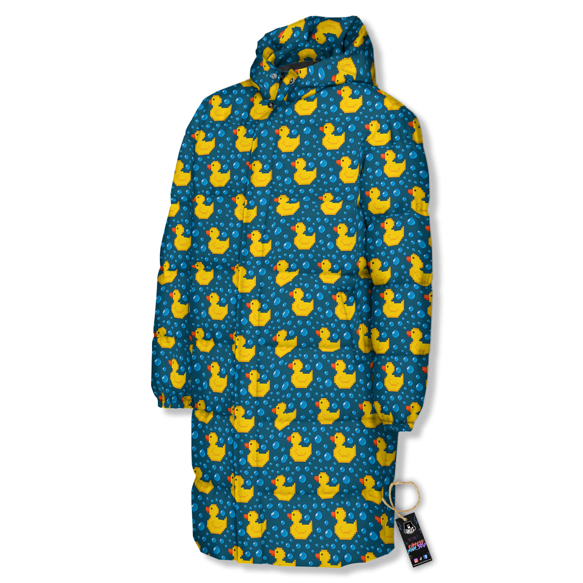 Duck 8-Bit Rubber Print Pattern Long Down Jacket-grizzshop