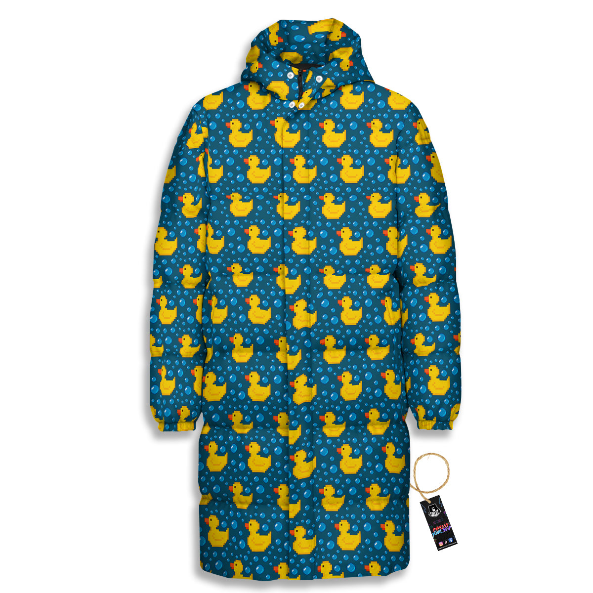 Duck 8-Bit Rubber Print Pattern Long Down Jacket-grizzshop