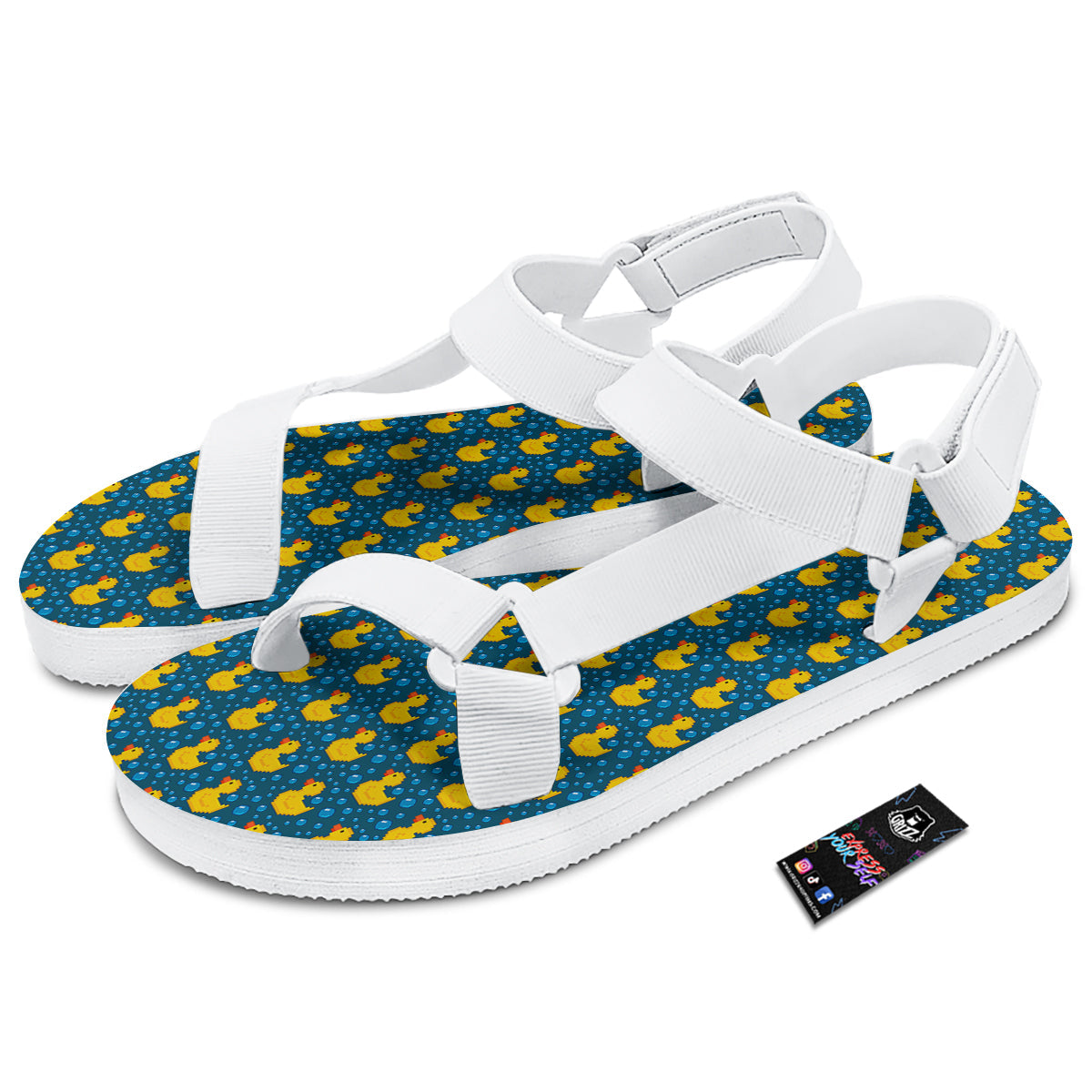 Duck 8-Bit Rubber Print Pattern White Open Toe Sandals-grizzshop