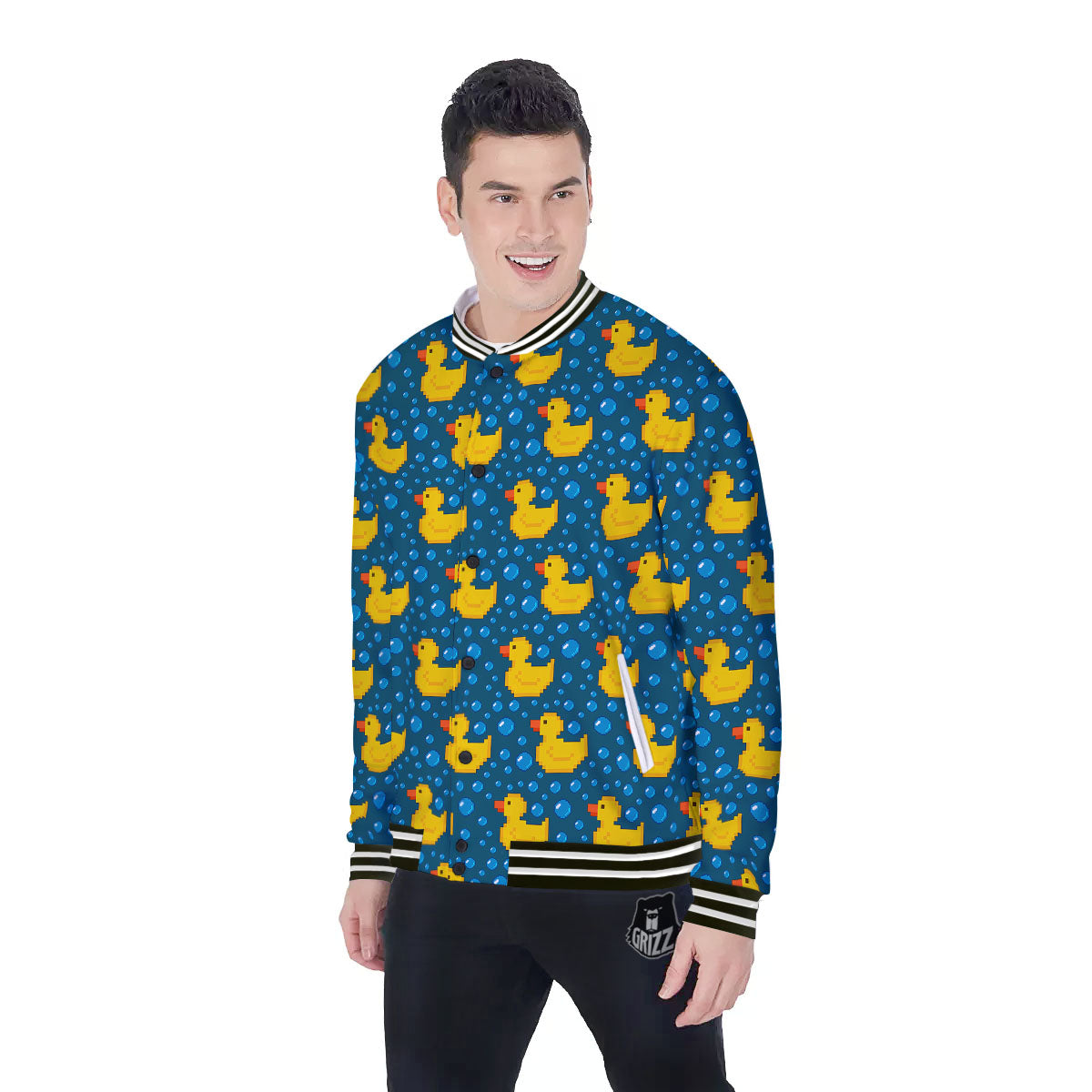 Duck Rubber Pixel Print Pattern Baseball Jacket-grizzshop