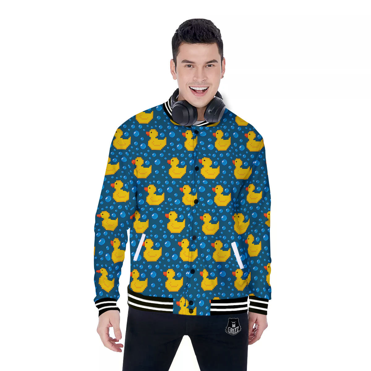 Duck Rubber Pixel Print Pattern Baseball Jacket-grizzshop