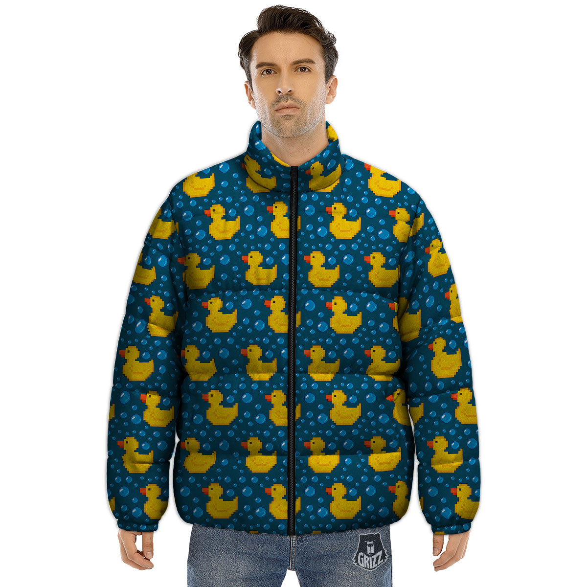 Duck Rubber Pixel Print Pattern Puffer Jacket-grizzshop