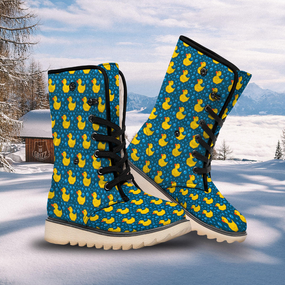 Duck Rubber Pixel Print Pattern Snow Boots-grizzshop