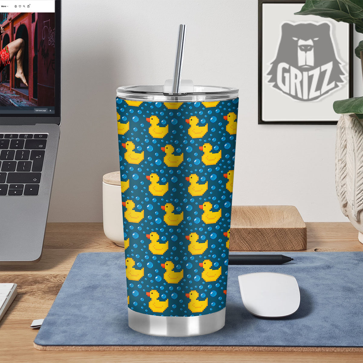 Duck Rubber Pixel Print Pattern Tumbler-grizzshop