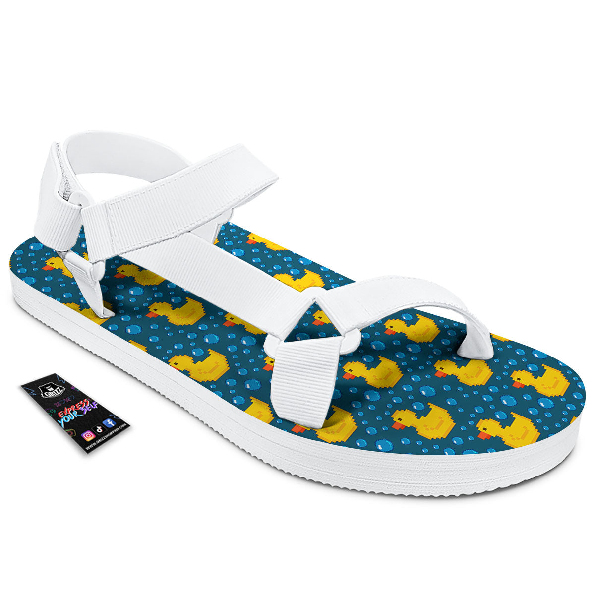 Duck Rubber Pixel Print Pattern White Open Toe Sandals-grizzshop