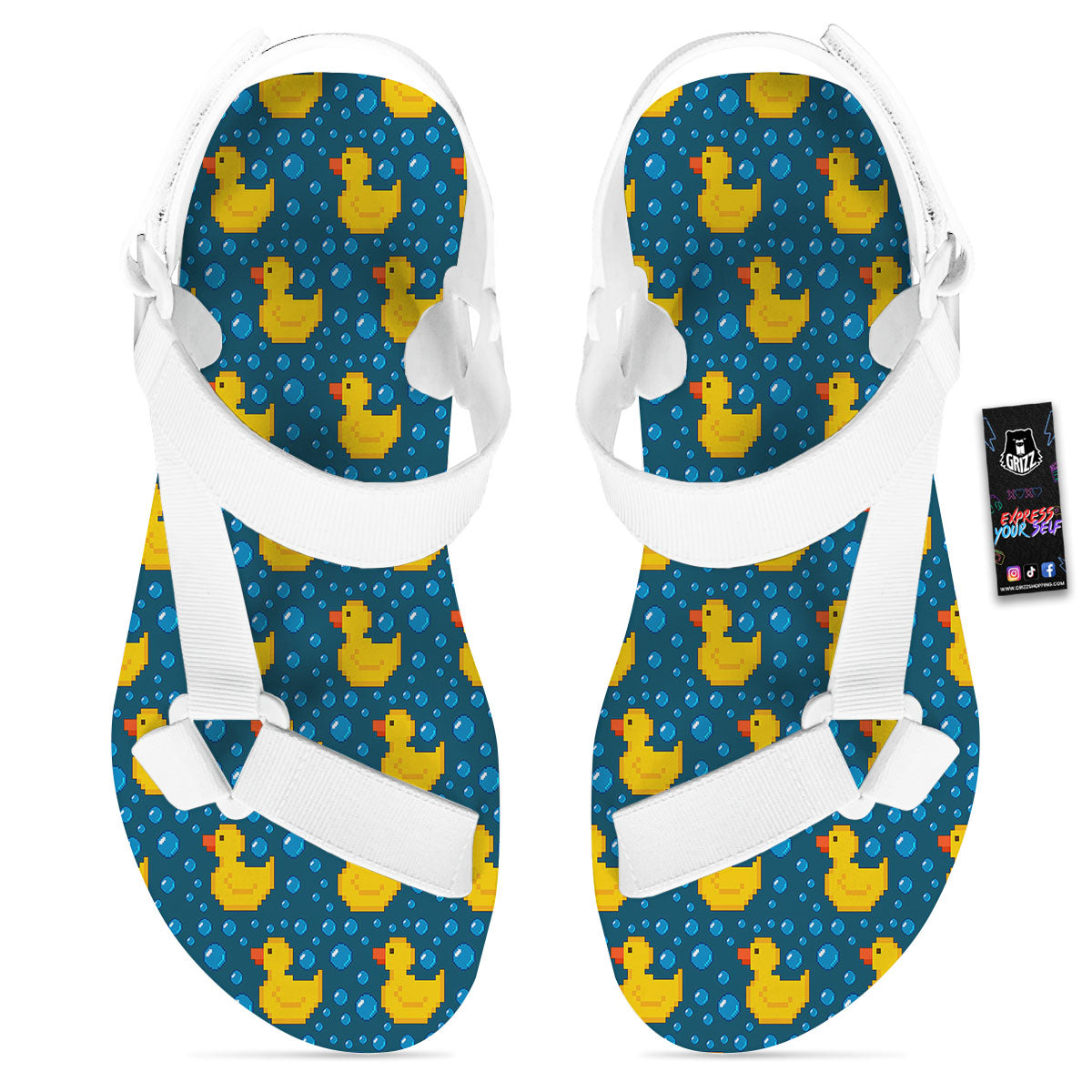 Duck Rubber Pixel Print Pattern White Open Toe Sandals-grizzshop