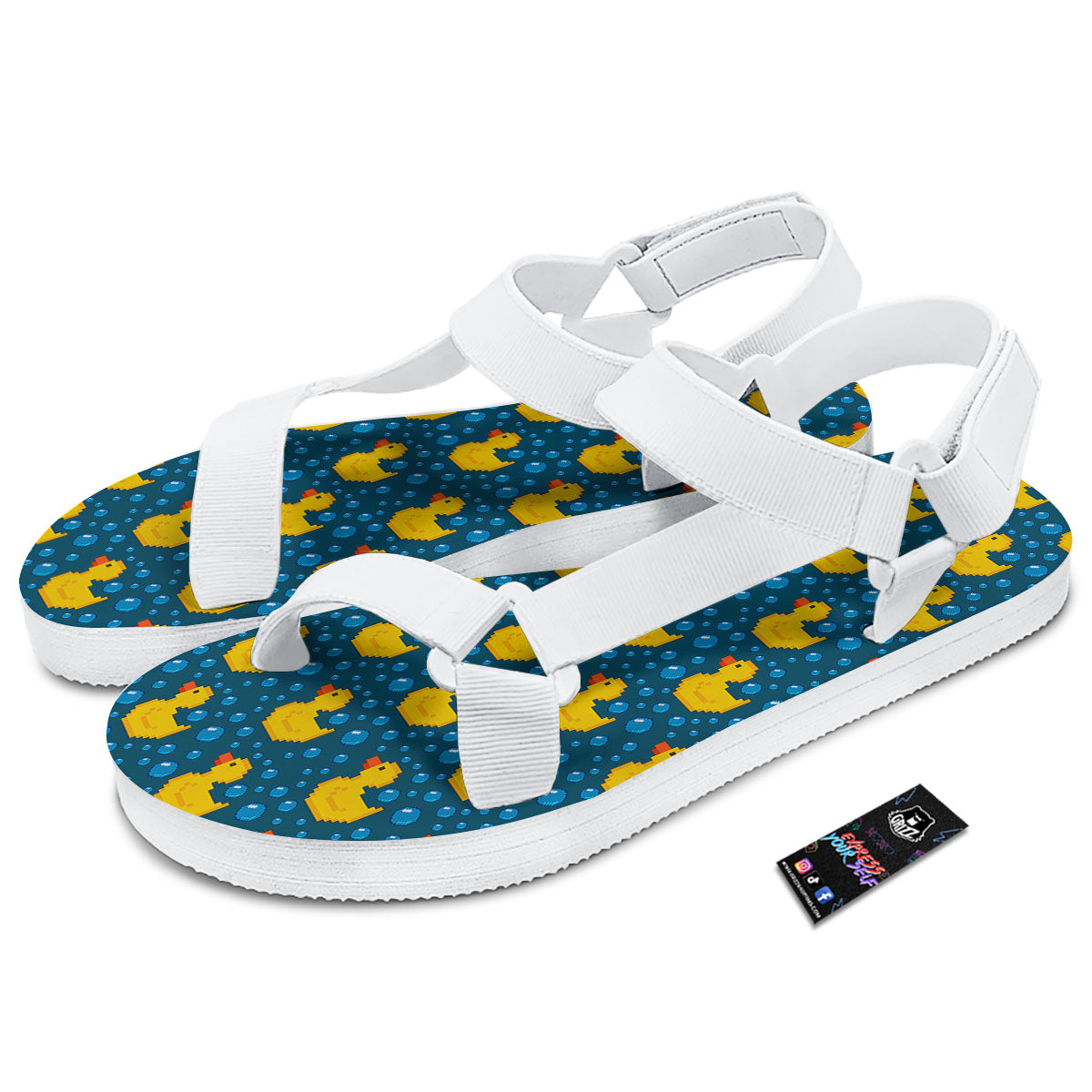 Duck Rubber Pixel Print Pattern White Open Toe Sandals-grizzshop