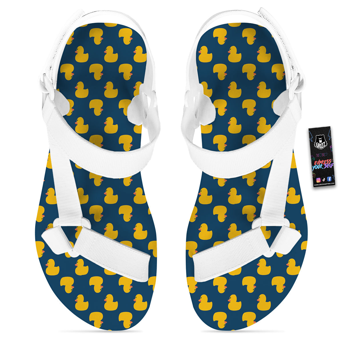 Ducks Rubber Yellow Print Pattern White Open Toe Sandals-grizzshop