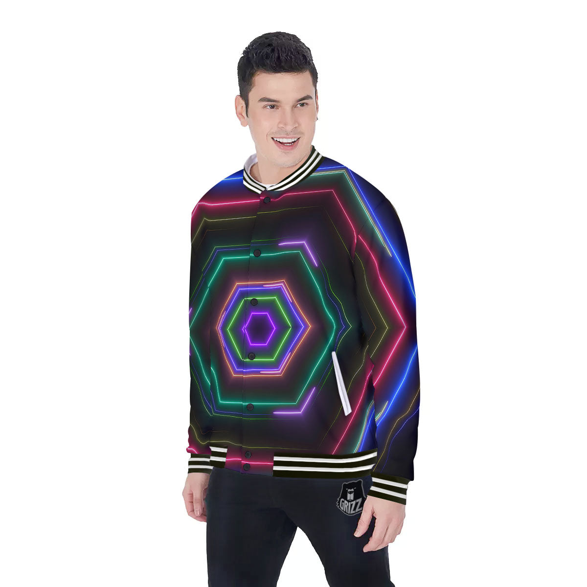 EDM Geometric Green Light Print Baseball Jacket-grizzshop
