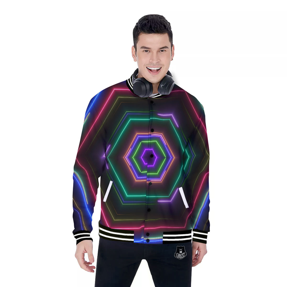 EDM Geometric Green Light Print Baseball Jacket-grizzshop
