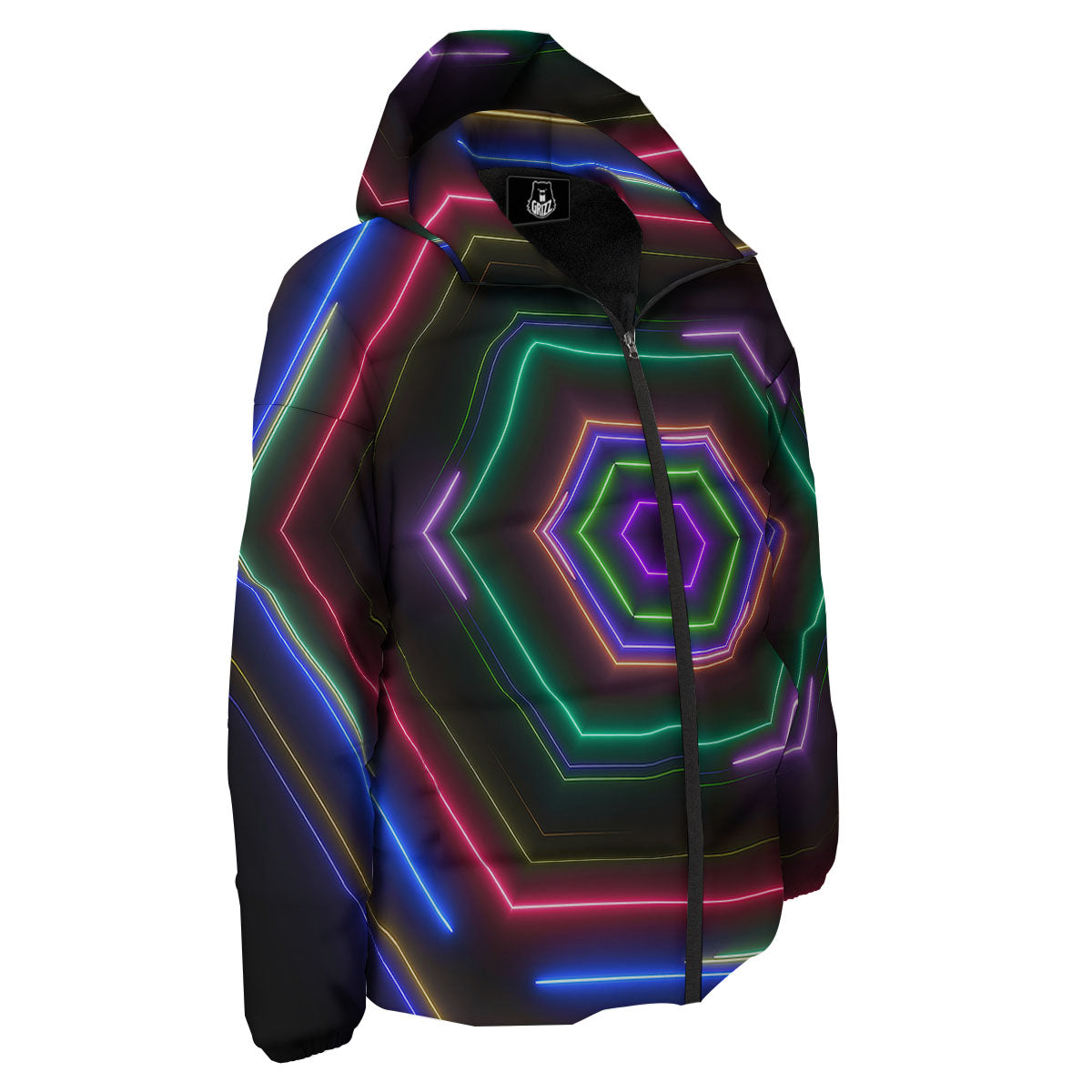 EDM Geometric Green Light Print Down Jacket-grizzshop