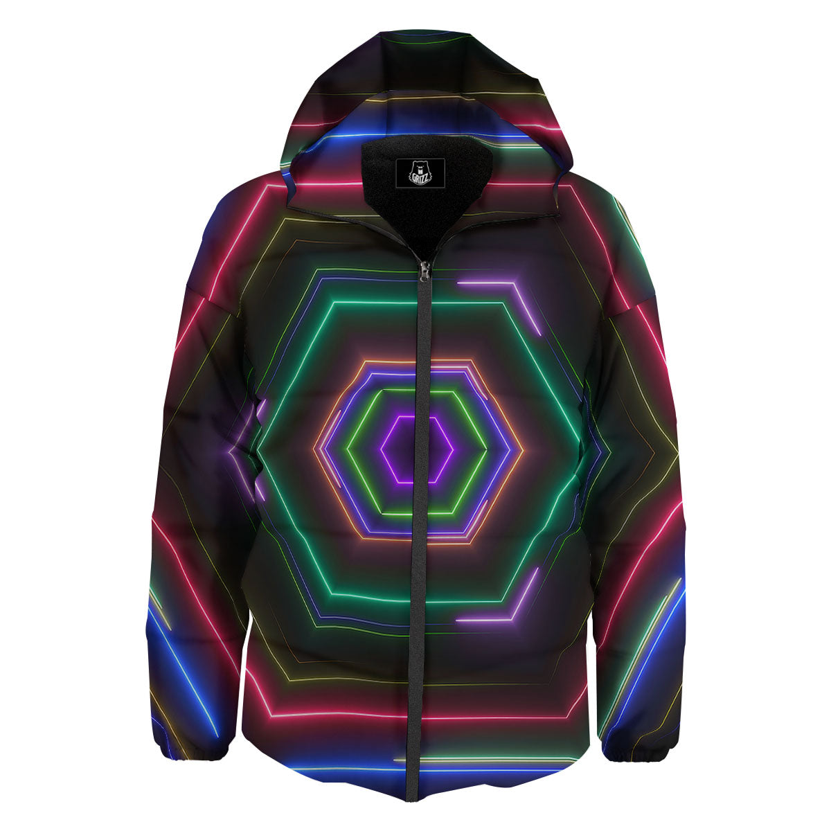EDM Geometric Green Light Print Down Jacket-grizzshop