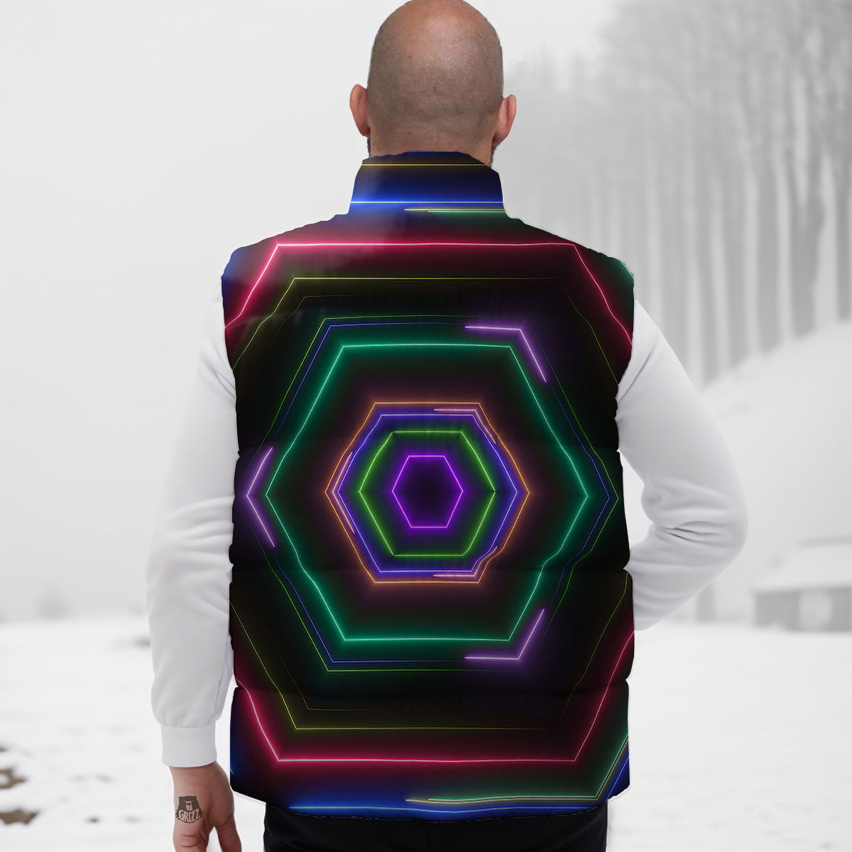 EDM Geometric Green Light Print Down Vest