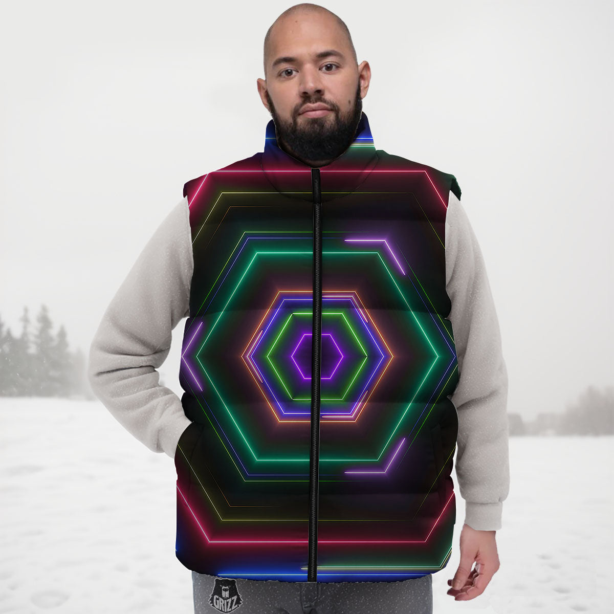 EDM Geometric Green Light Print Down Vest