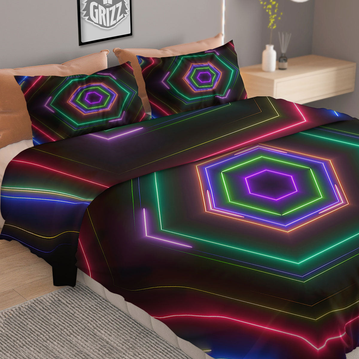 EDM Geometric Green Light Print Duvet Cover Bedding Set