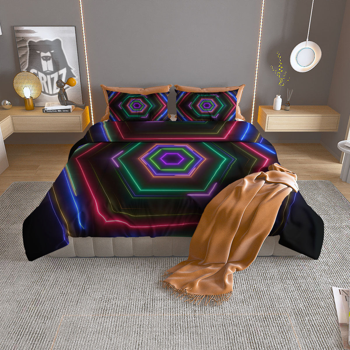 EDM Geometric Green Light Print Duvet Cover Bedding Set