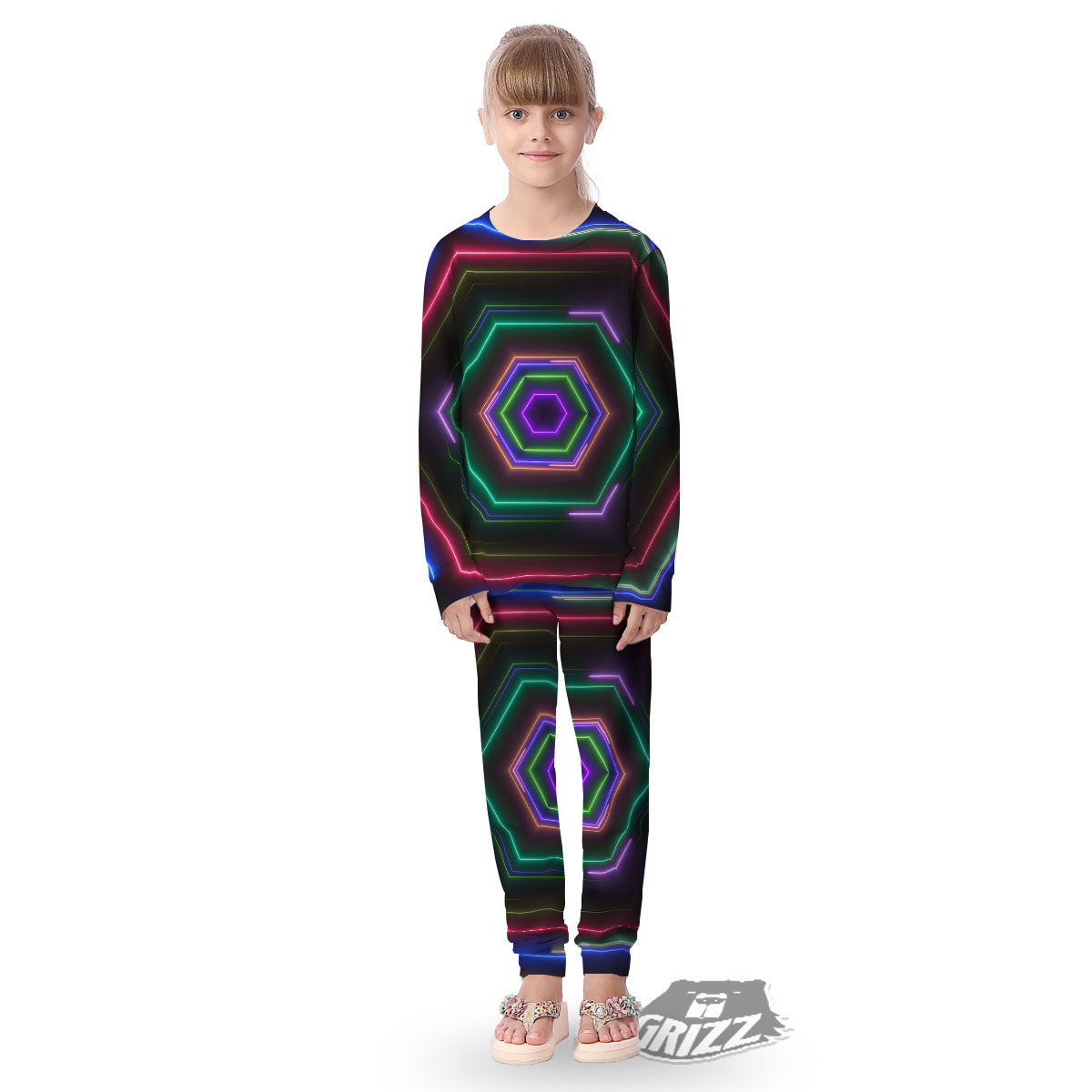 EDM Geometric Green Light Print Kid's Pajamas-grizzshop