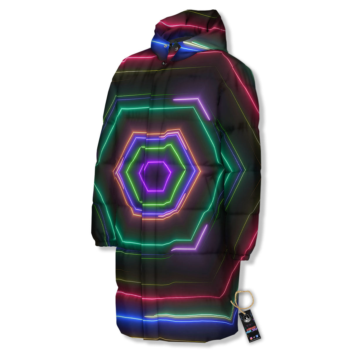 EDM Geometric Green Light Print Long Down Jacket-grizzshop