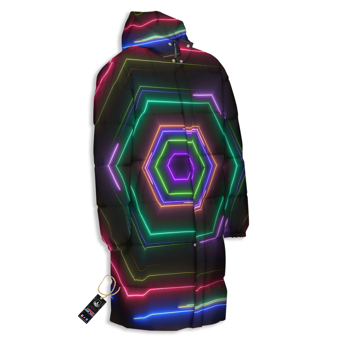 EDM Geometric Green Light Print Long Down Jacket-grizzshop