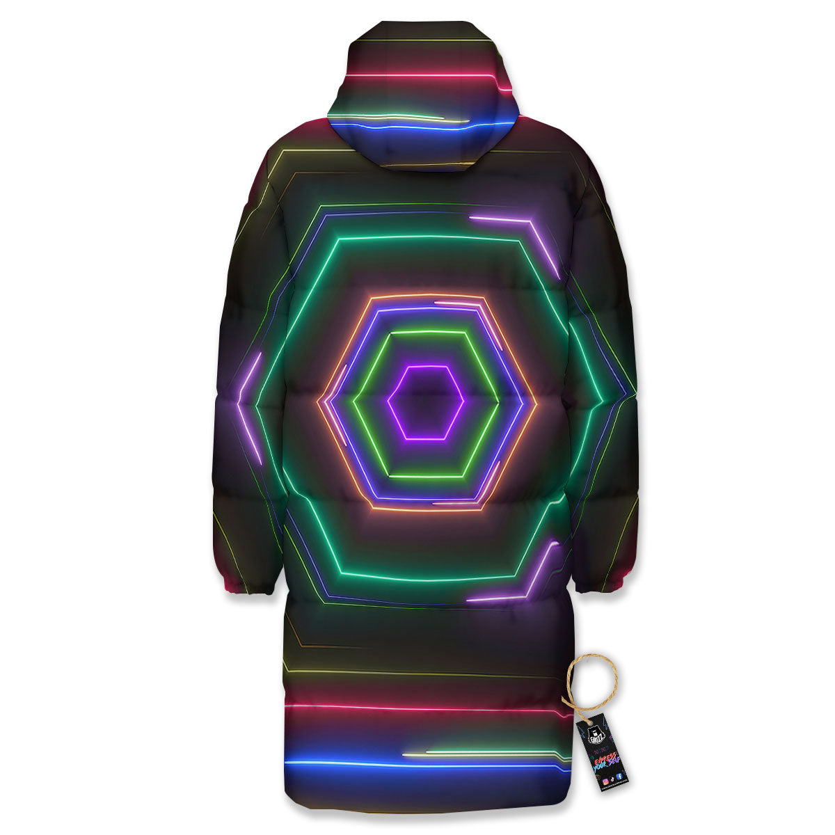 EDM Geometric Green Light Print Long Down Jacket-grizzshop
