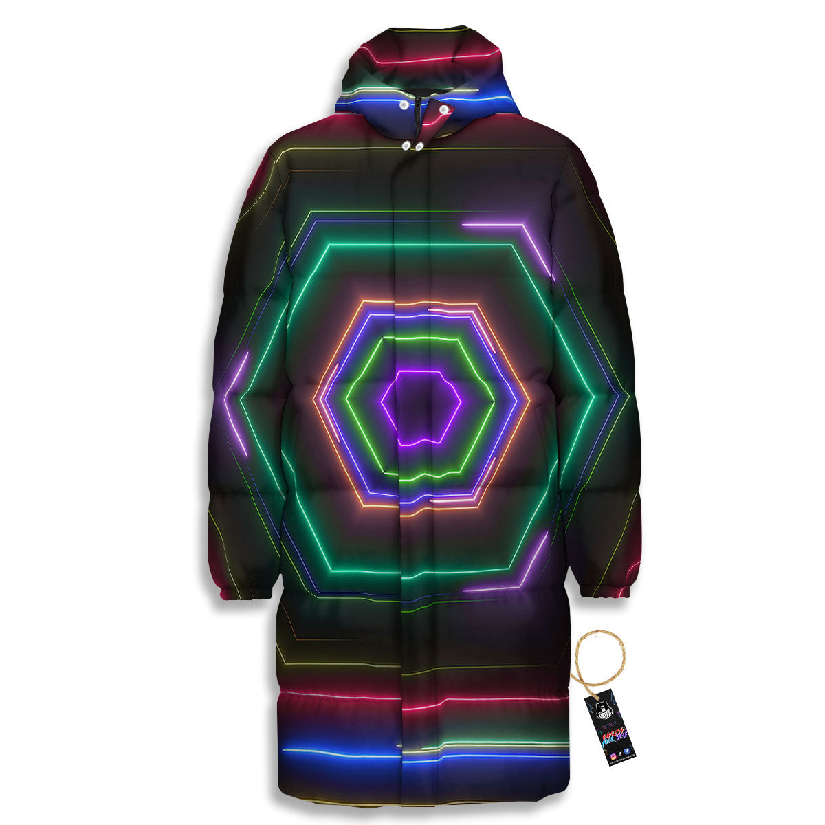 EDM Geometric Green Light Print Long Down Jacket-grizzshop