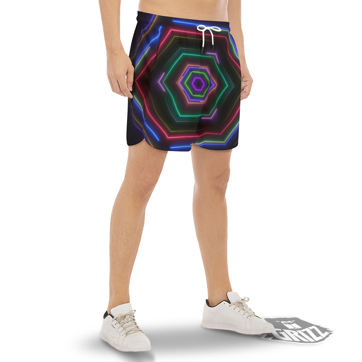 EDM Geometric Green Light Print Men's Gym Shorts-grizzshop