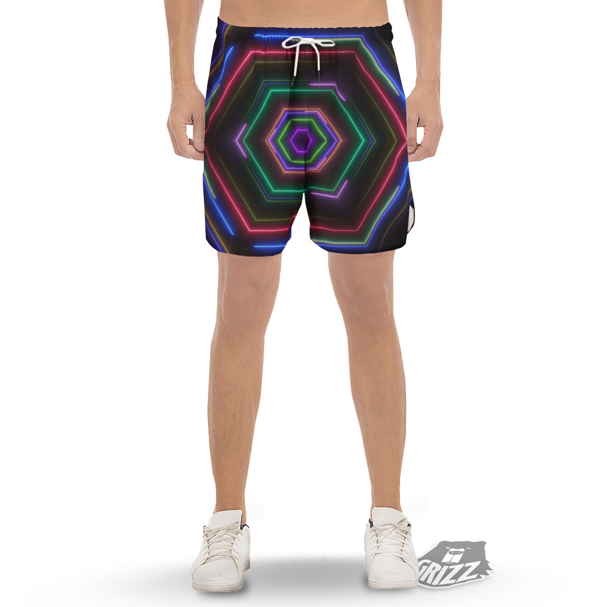 EDM Geometric Green Light Print Men's Gym Shorts-grizzshop