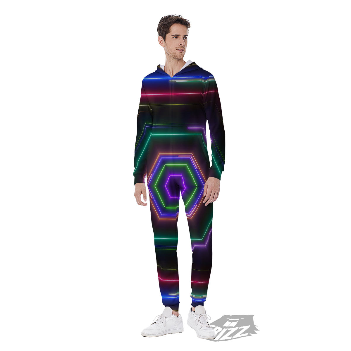 EDM Geometric Green Light Print Men's Jumpsuit-grizzshop